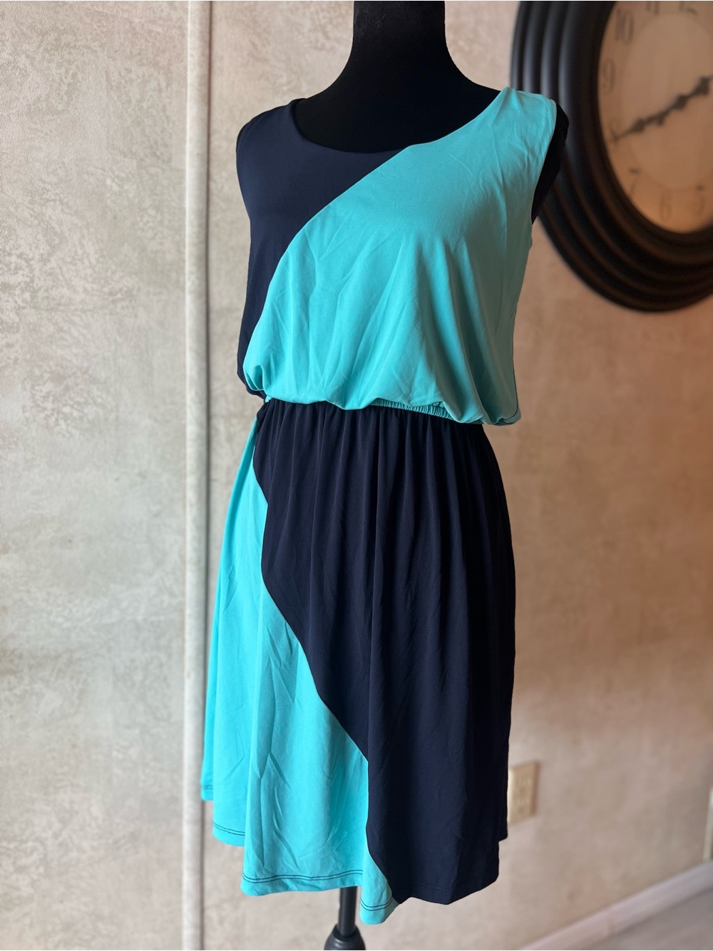 Enfocus Studio One-Shoulder Colorblock Dress in Teal and Navy